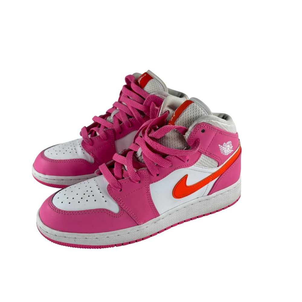 Nike Air Jordan 1 Mid GS Pink Orange White Sneakers Sz 5.5 Y Streetwear Retro - Picture 1 of 10